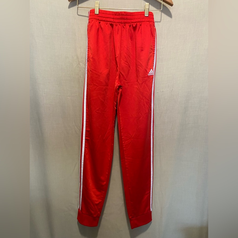 adidas Youth Red Track Pants with White Stripes – Size L